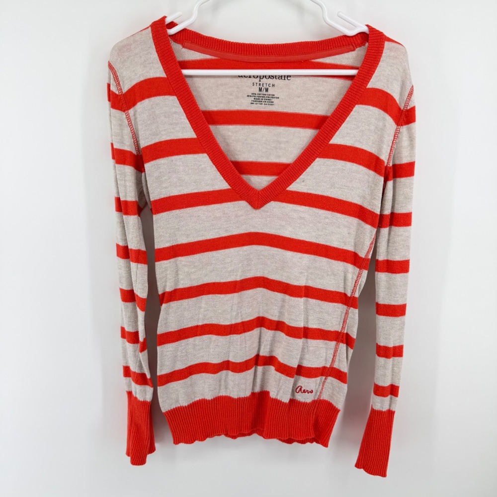 Aeropostale‎ Womens Orange Striped V-Neck Lightweight Knit Sweater Medium